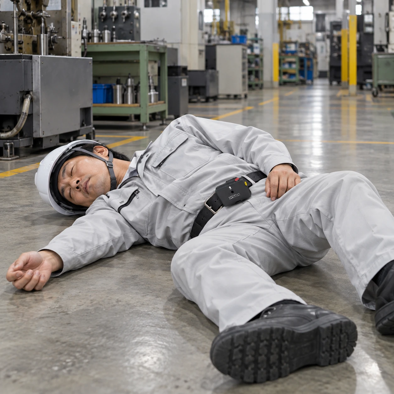 工場の床に倒れた作業員と、腰に付けた転倒検知送信機
