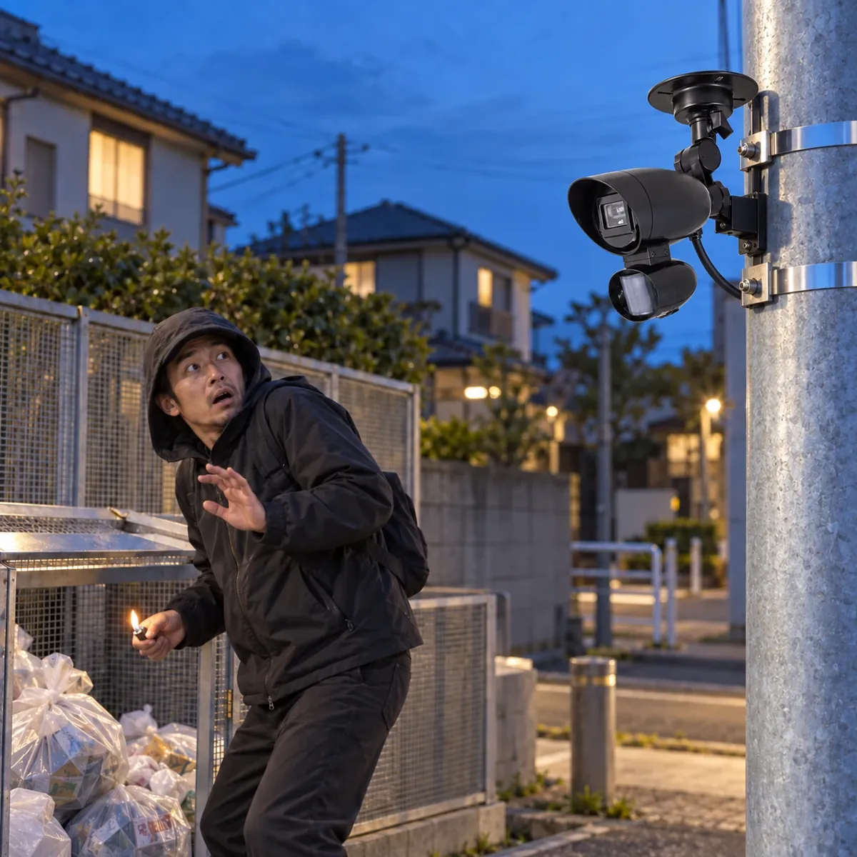 ゴミ置き場で火をつけようとした人物が、センサーに気づいて驚くイメージ