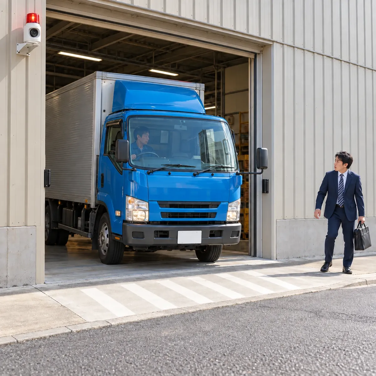 回転灯が光る倉庫の出入口から出てくるトラックと、それに気づく歩行者