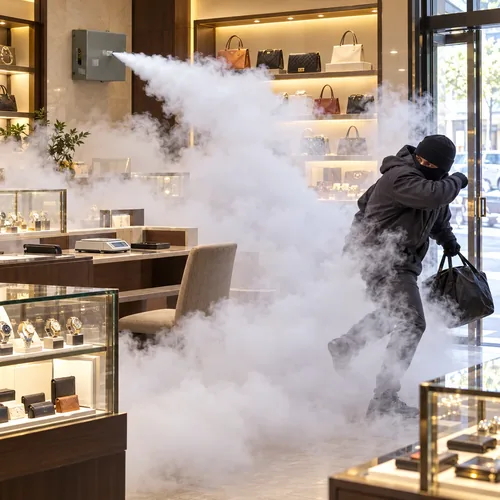 店内に噴射された白い霧の中を逃げ出す強盗犯のイメージ