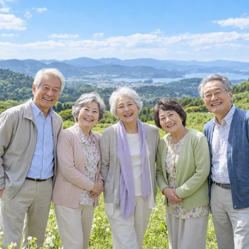 山と海を望む高原で笑顔を見せる5人の高齢者