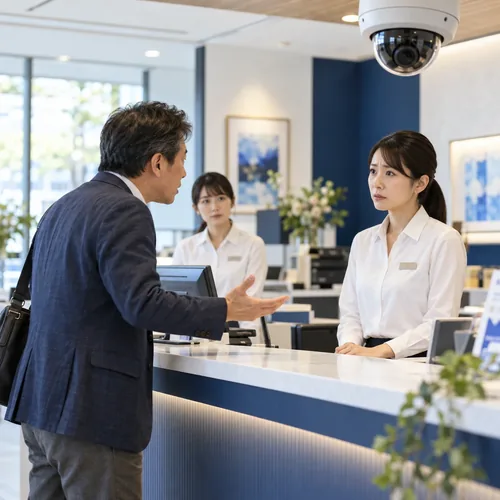 受付カウンターで男性客の話を聞く女性スタッフと、天井のドーム型防犯カメラ