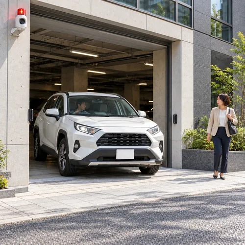 回転灯が光る駐車場の出入口から出庫する車と、それに気づく歩行者