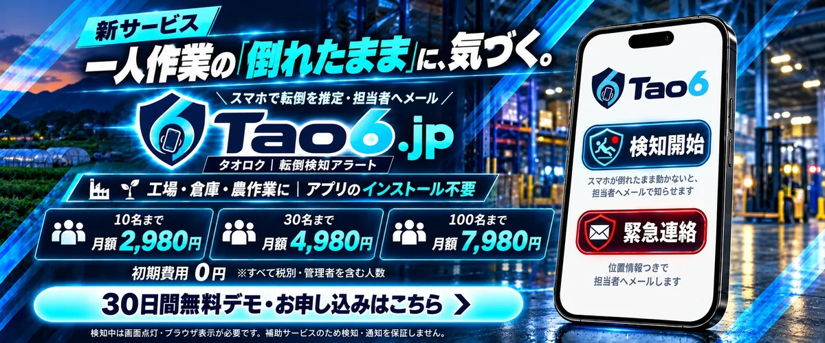新サービス。一人作業の「倒れたまま」に、気づく。スマホで転倒を推定・担当者へメール。Tao6.jp（タオロク・転倒検知アラート）。工場・倉庫・農作業に。アプリのインストール不要。10名まで月額2,980円、30名まで月額4,980円、100名まで月額7,980円。初期費用0円（すべて税別・管理者を含む人数）。30日間無料デモ・お申し込みはこちら