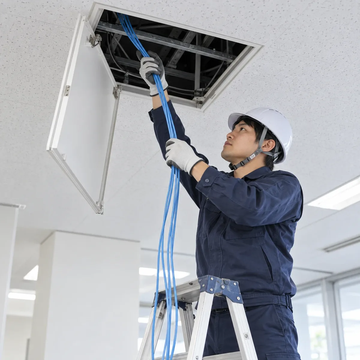 天井の点検口からLANケーブルを通す作業のイメージ
