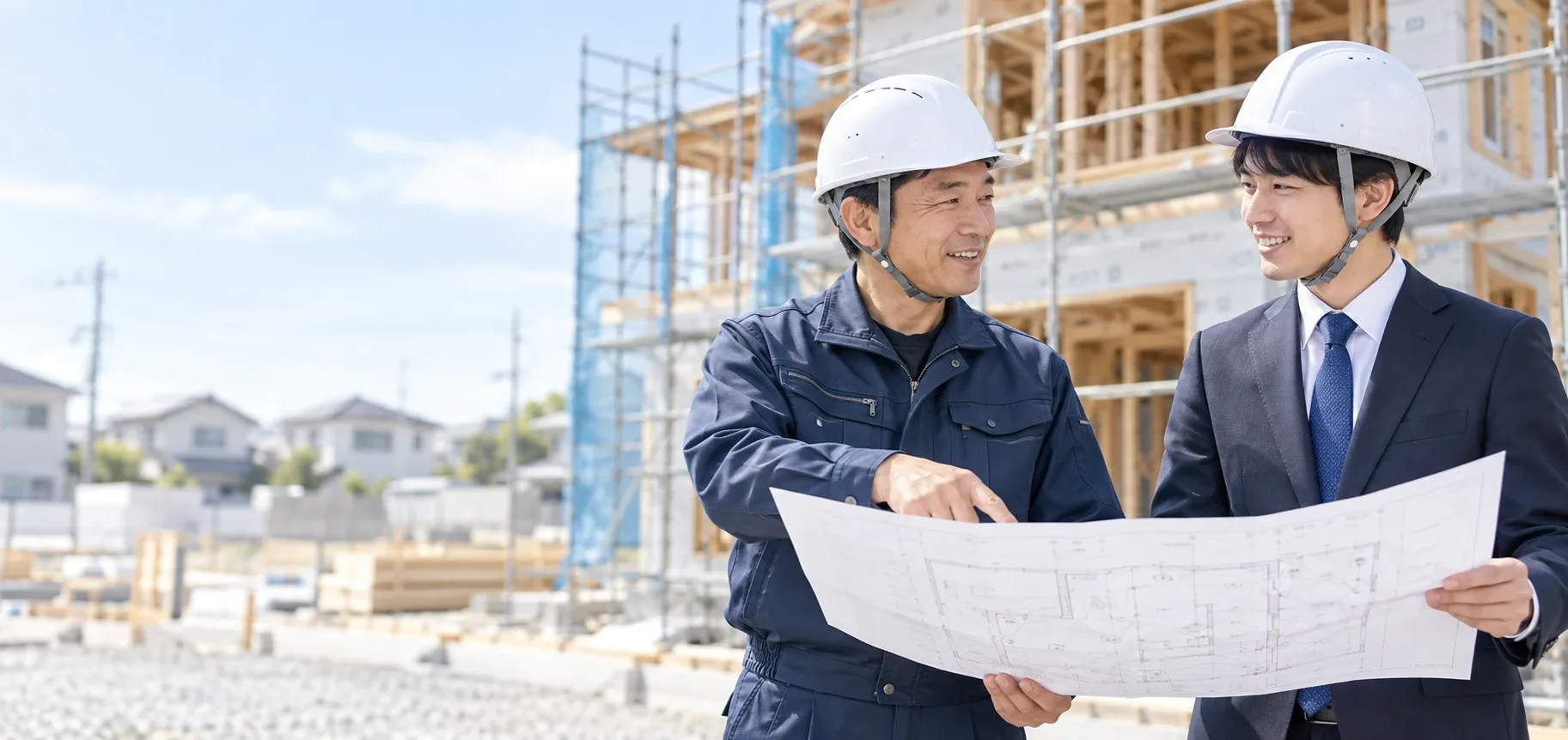 建築中の現場で、作業着の施工担当とスーツの営業担当が図面を広げて打ち合わせるイメージ
