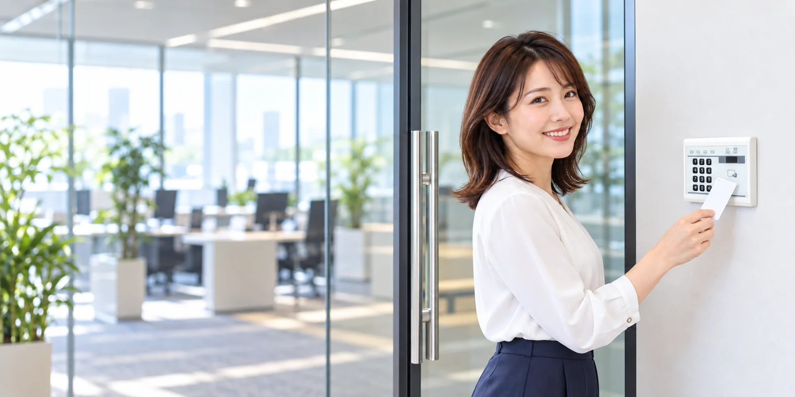 オフィスの入口でカード認証を利用する女性