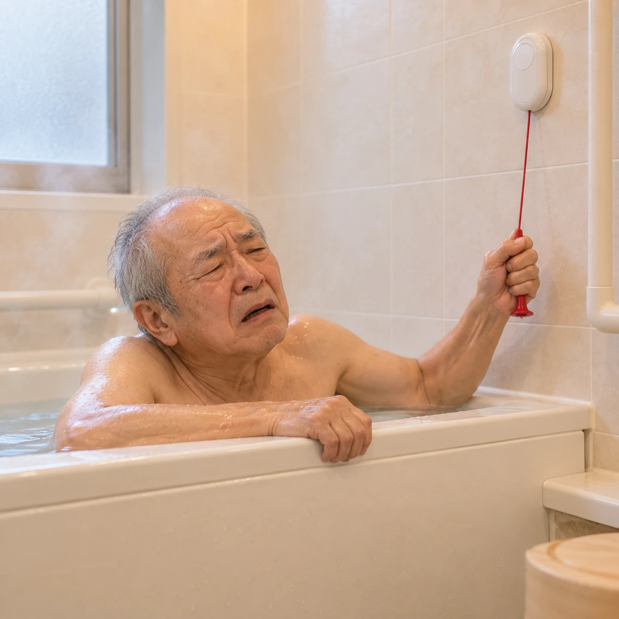 浴槽の中から壁の呼び出しひもを引く高齢男性