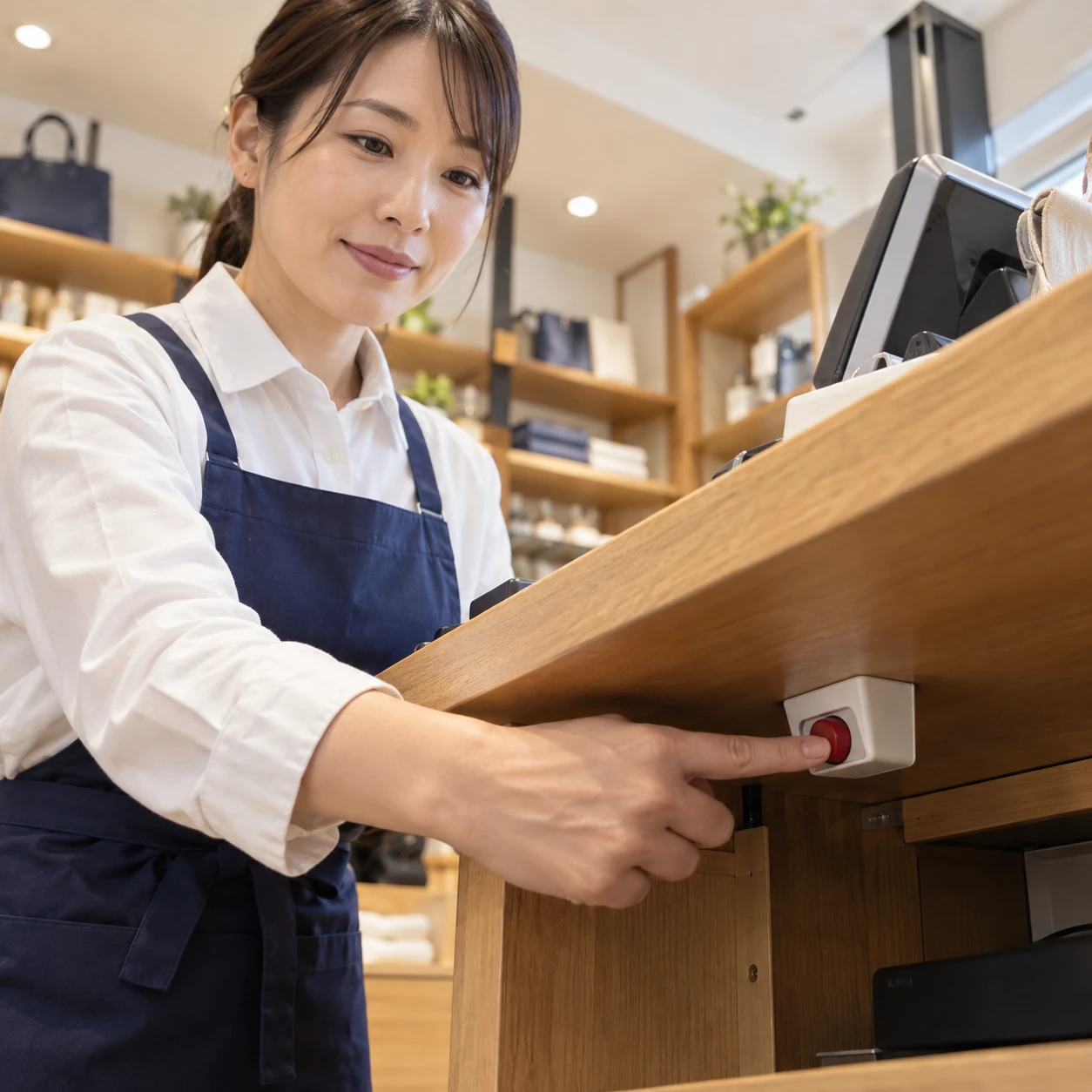 店舗のレジ下に設置された非常押しボタンを押す店員