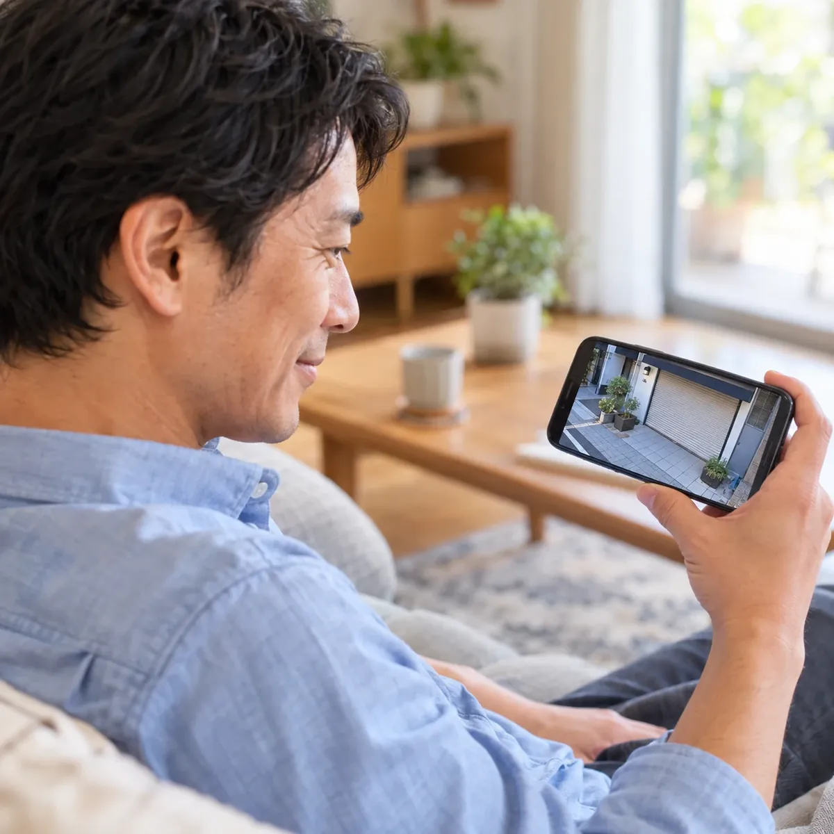 自宅のソファでスマートフォンから店舗の映像を確認する男性