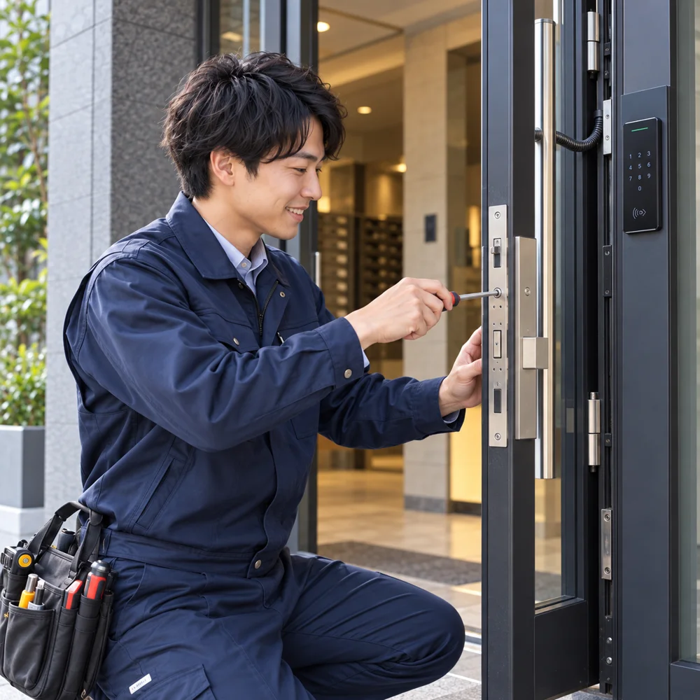 扉の側面で錠前を施工するイメージ