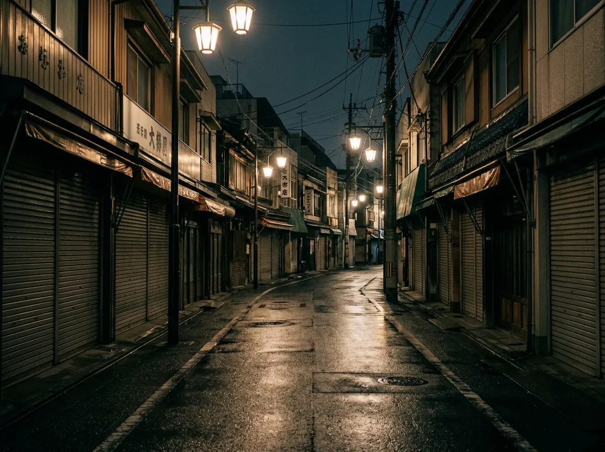 人通りのない夜の商店街。シャッターの閉まった店が並び、濡れた路面に街灯が映っている