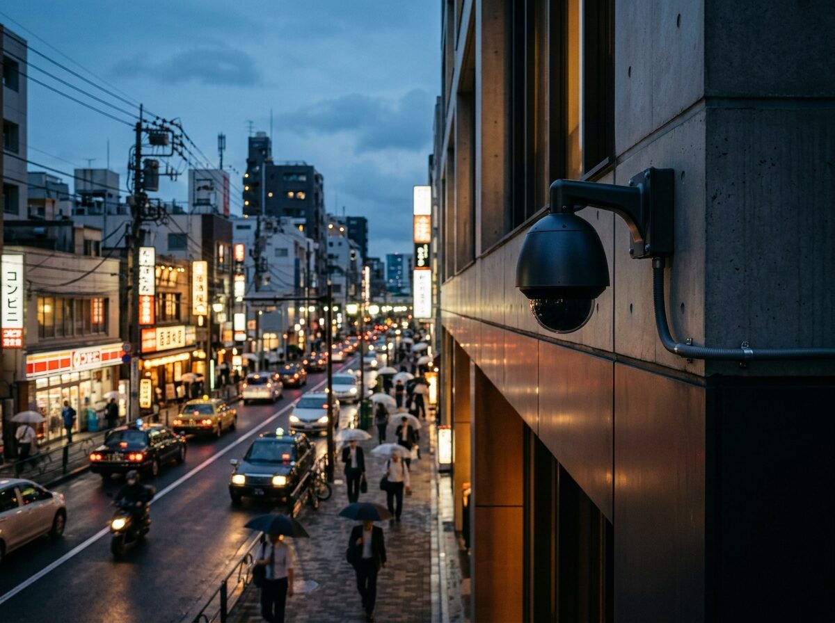 店舗の防犯カメラと外壁のセンサーライト