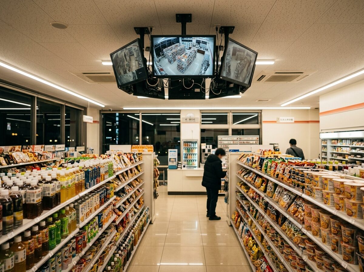 店舗の天井付近に設置された防犯カメラ