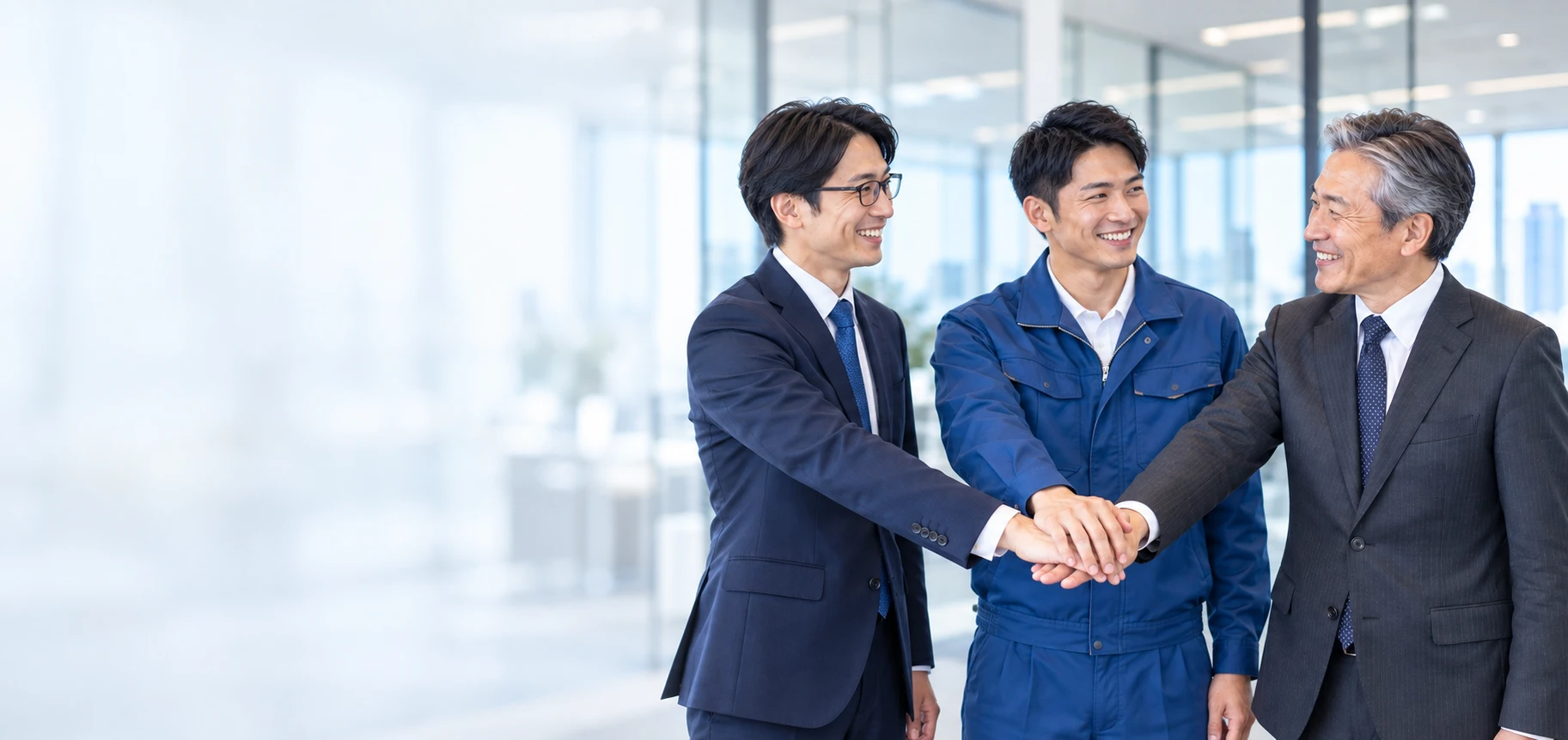 スーツの営業担当と作業着の施工担当が手を重ねる、協力体制のイメージ