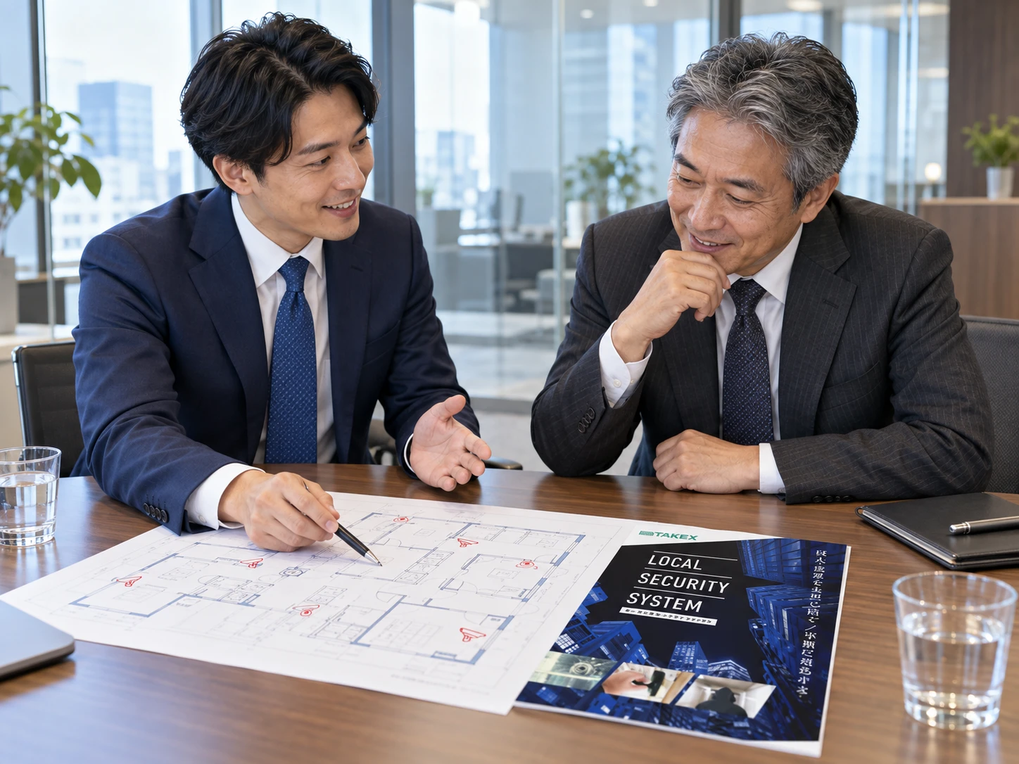 図面とカタログを広げて防犯設備を提案する打ち合わせのイメージ