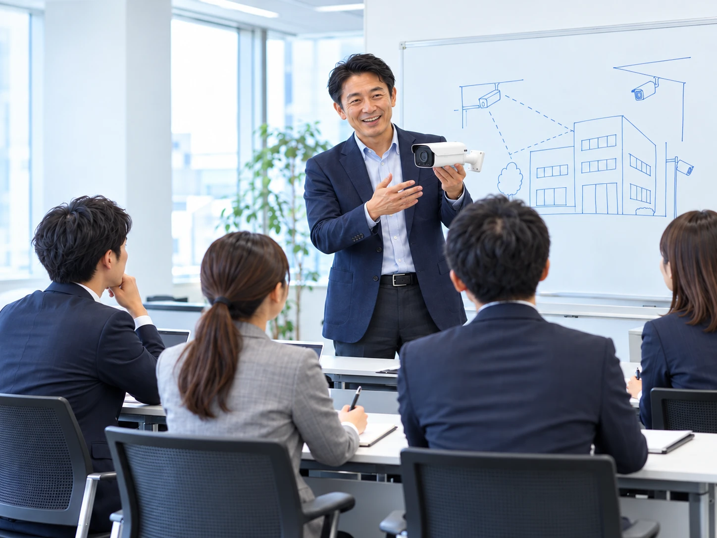 防犯カメラを手に営業担当者へ説明する勉強会のイメージ