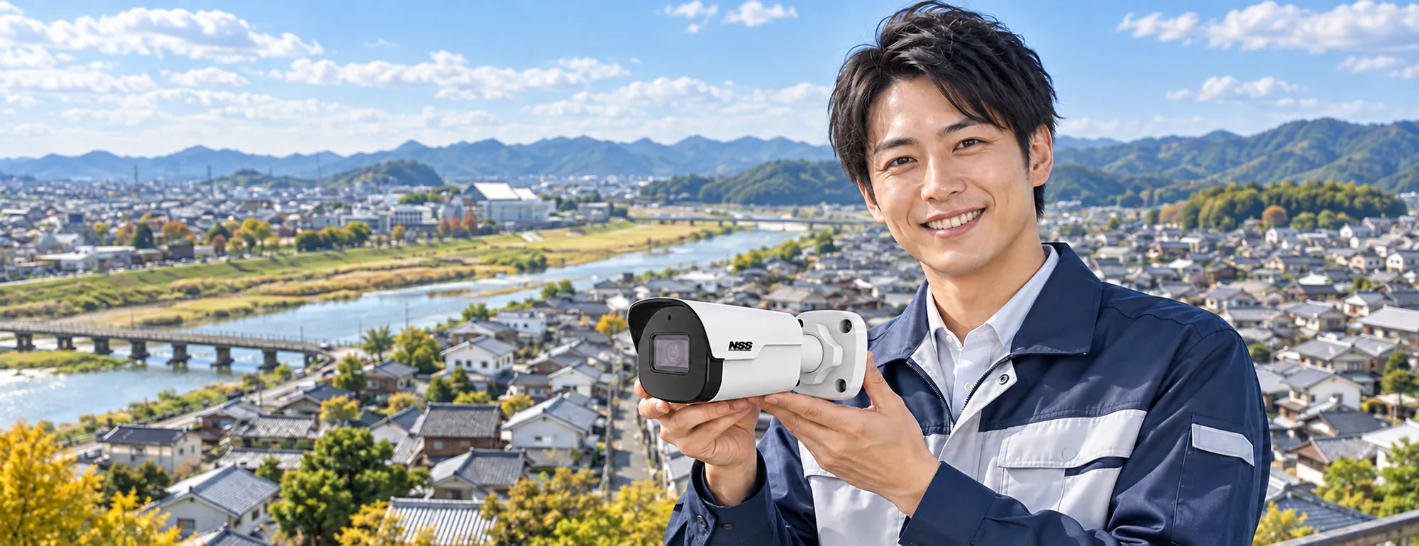 たつの市の町並みと揖保川を背に、白いバレット型防犯カメラを手に持つ作業着の男性
